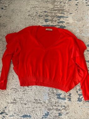 Twin-Set Bright Red V-Neck Ruffle Sleeve Sweater
